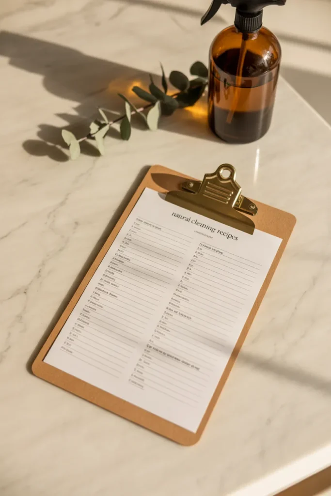 Printable natural cleaning recipes cheat sheet on a cream clipboard