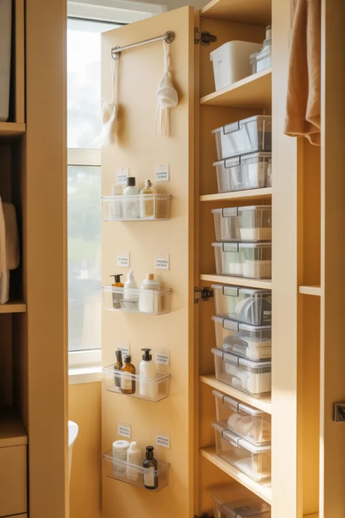 Rental-friendly small bathroom cabinet organization with command strips, tension rod, and stackable bins