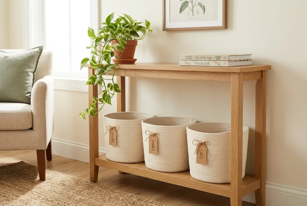 Rental-friendly toy storage console with labeled cream baskets and trailing pothos