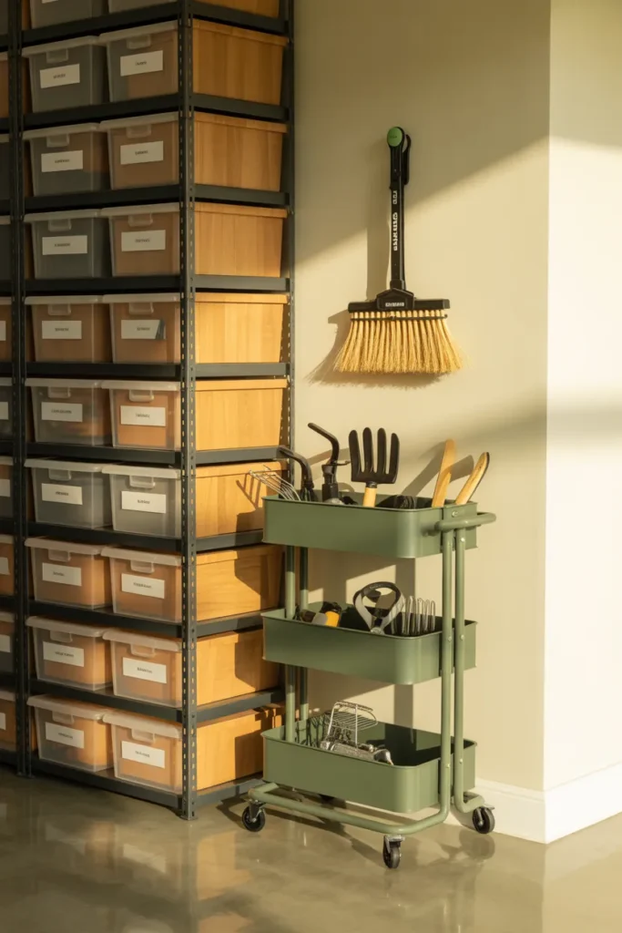 Renter-friendly garage organization with freestanding shelving rolling cart and Command hook holding broom