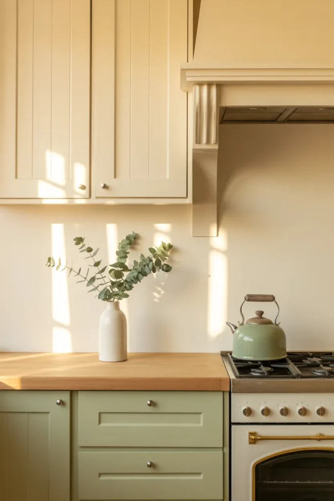 Reset cream and sage farmhouse kitchen with eucalyptus and natural light for cleaning motivation pin.