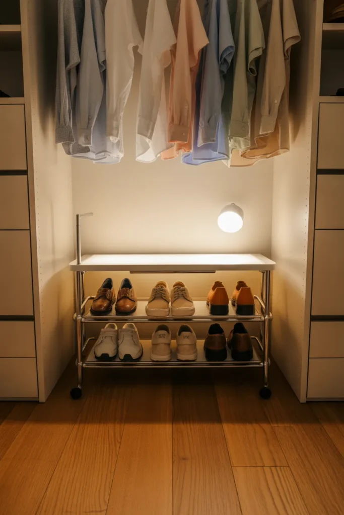 Rolling shoe storage ideas caddy with two tiers in reach-in closet under hanging clothes.