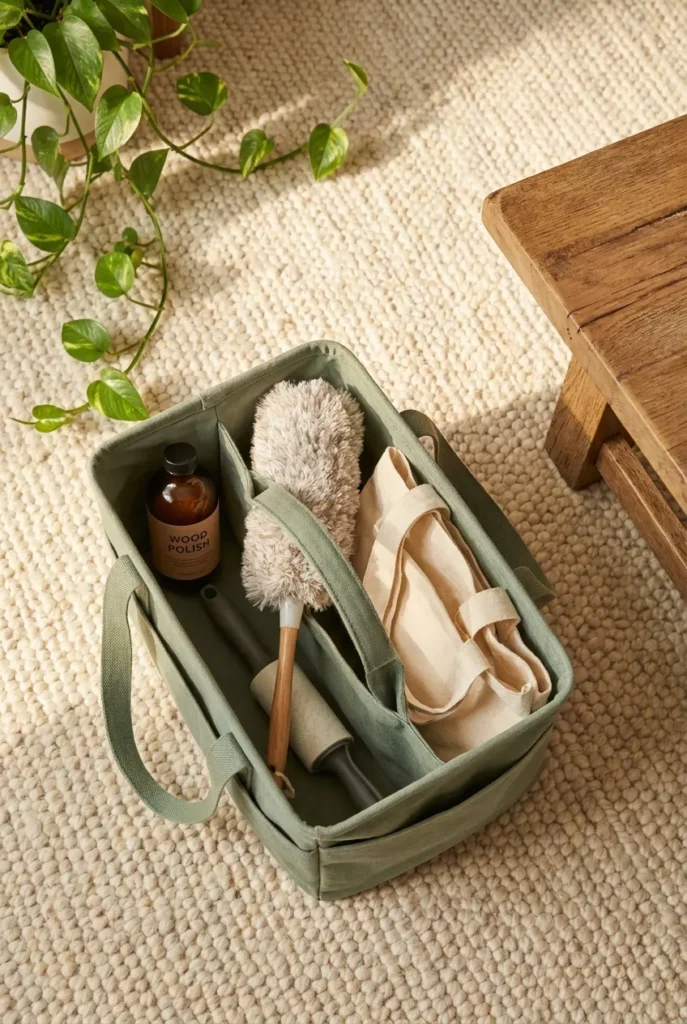 Sage canvas cleaning caddy on cream rug with wood polish, duster, and lint roller for living room