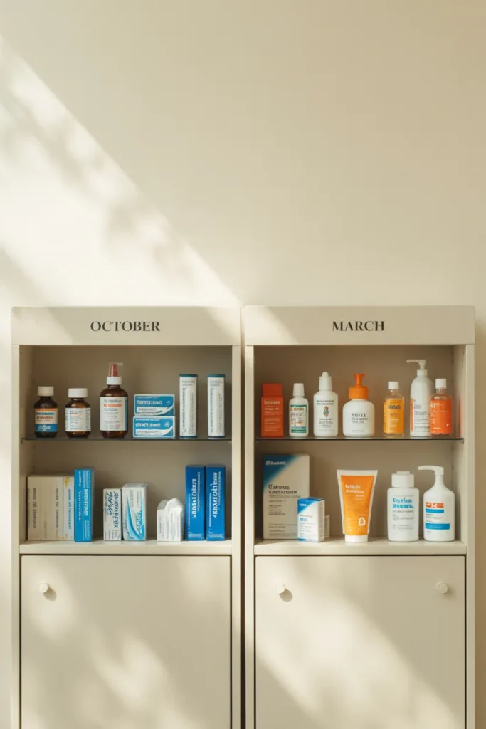 Seasonal medicine cabinet rotation showing October cold and flu prep versus March allergy season setup