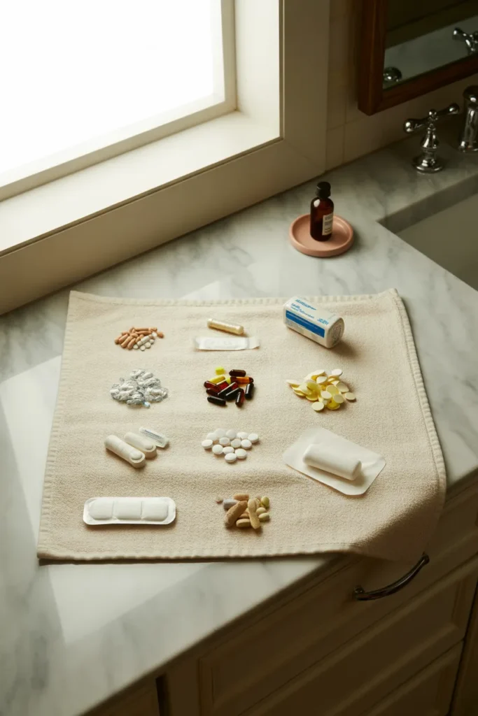 Seven categorized medicine piles sorted on a counter for bathroom cabinet organization