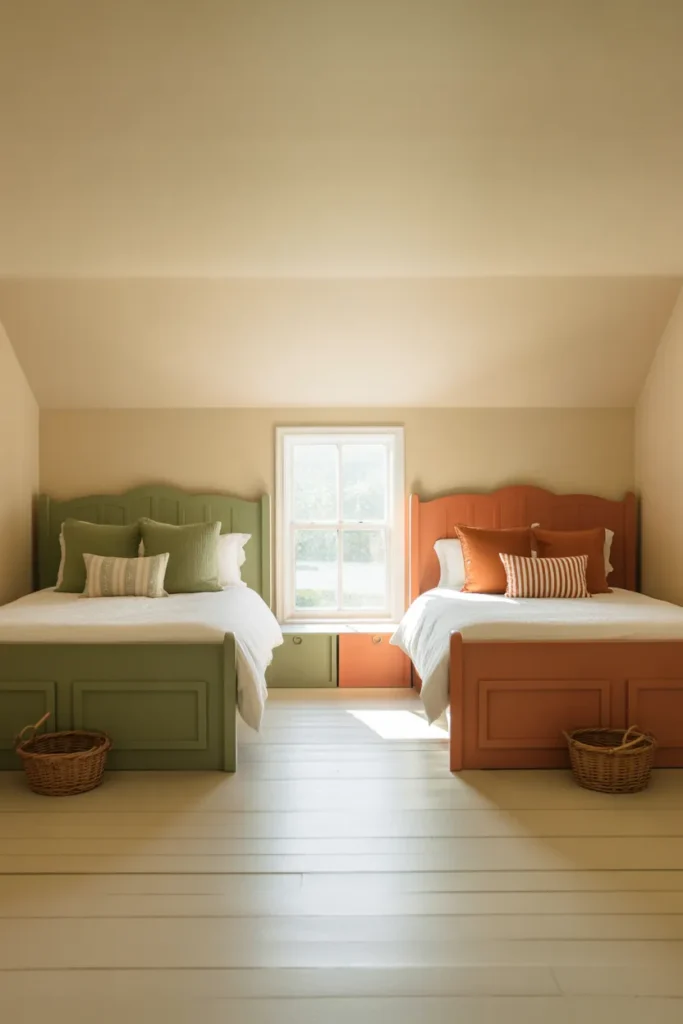 Shared kids bedroom with sage and terracotta color-coded zones for two siblings in a modern farmhouse style
