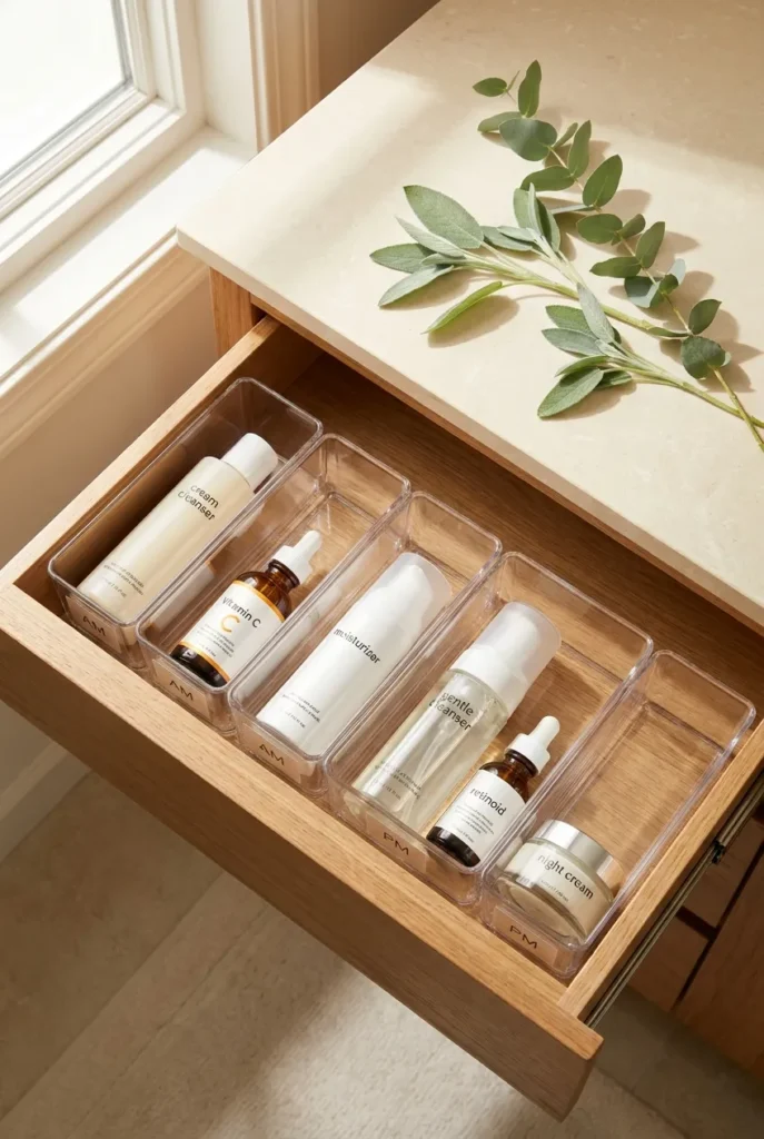 Skincare drawer organization with AM and PM products in tall acrylic vertical bins and eucalyptus accent.