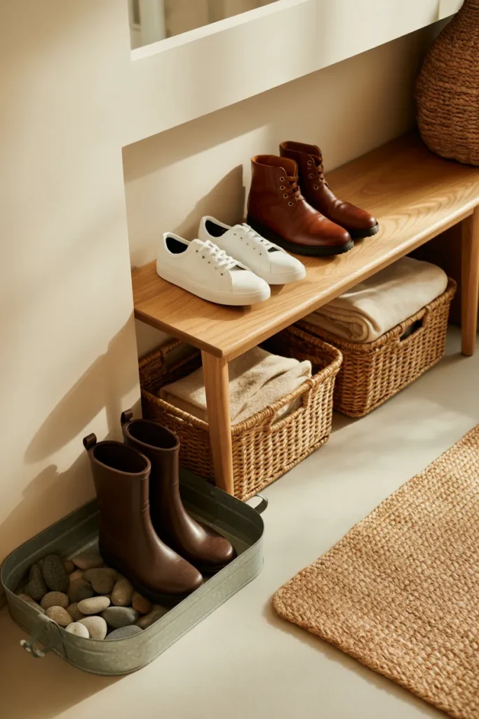 Slim entryway shoe bench with baskets and boot tray for small space organization