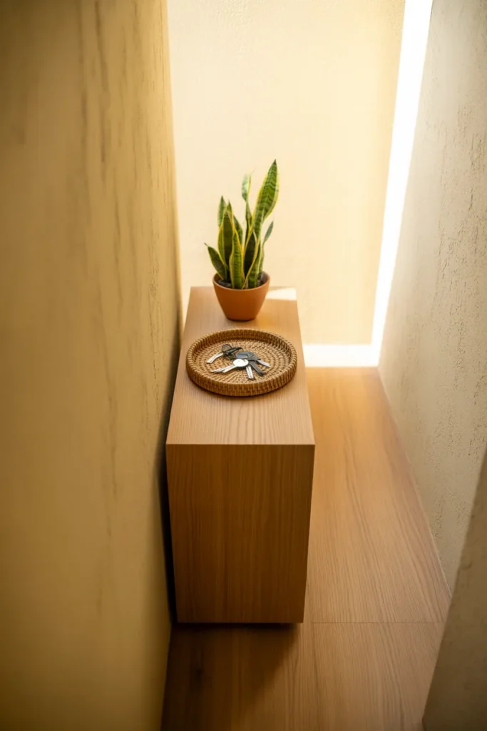 Slim oak shoe cabinet shoe storage ideas in narrow Organic Modern entryway with woven tray.