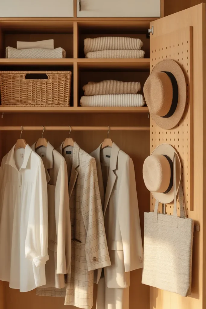 Small closet with double hanging rod and door pegboard showing vertical closet storage ideas