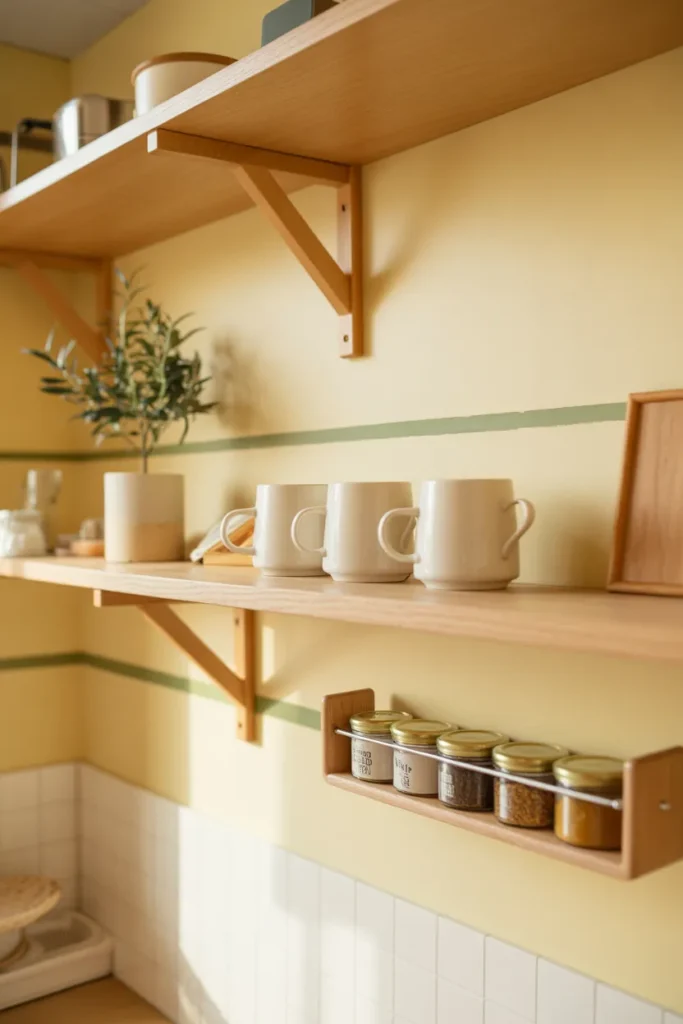 Small cream kitchen with floating wood shelves and wall-mounted spice rail showing vertical storage ideas