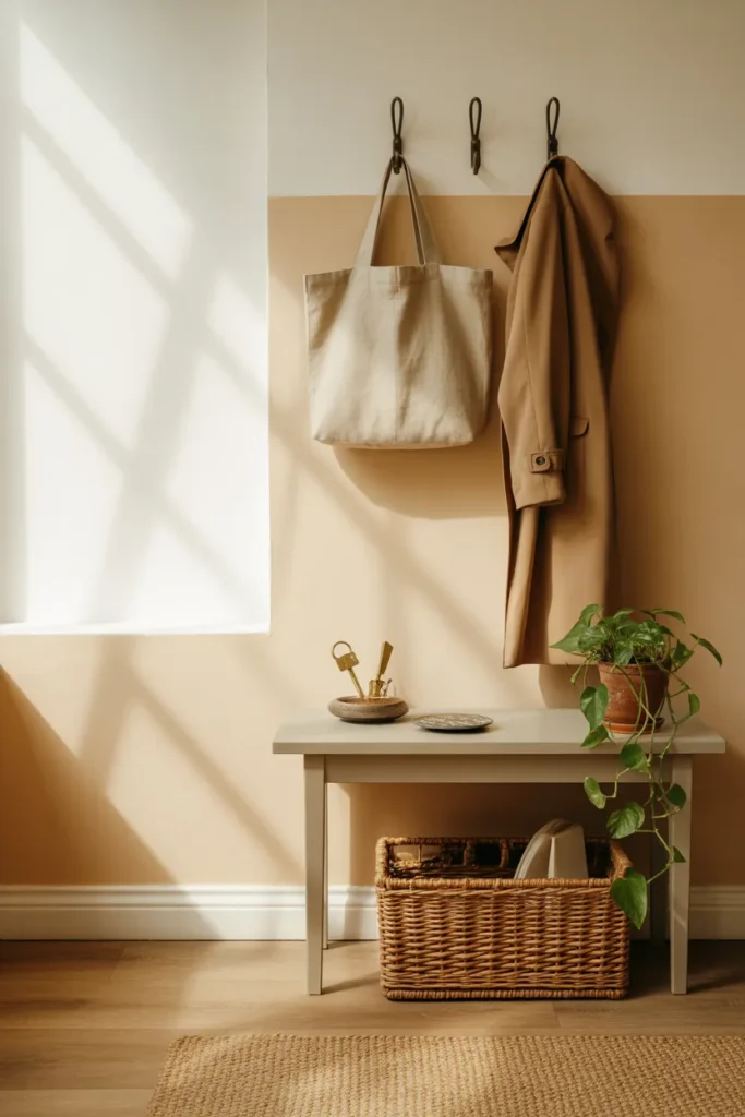 Small entryway organization ideas with console table, hooks, and woven basket in cream and beige