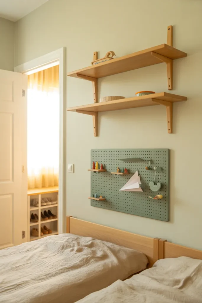 Small kids room with floating shelves and pegboard storage on cream walls in a Scandi minimalist style