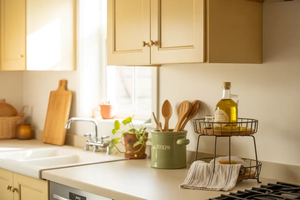 Small kitchen organization ideas hero shot with cream cabinets, sage accent, and a clear organized counter.