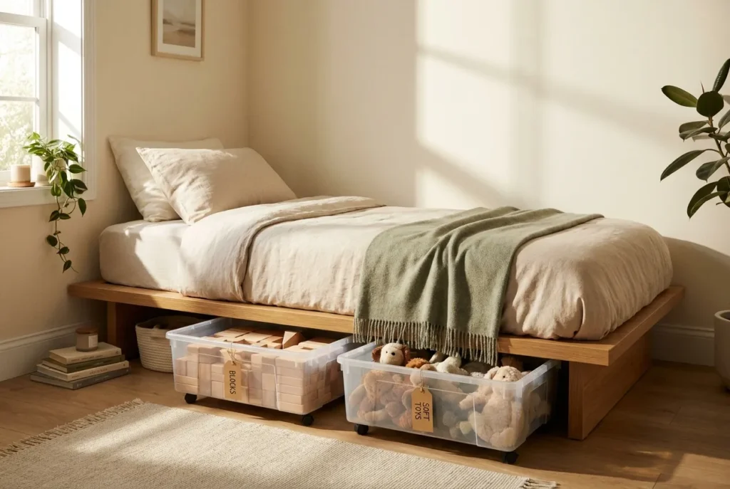 Small space toy organization with labeled underbed bins for blocks and stuffed animals