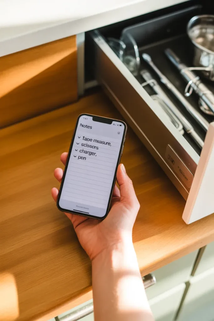Smartphone notes app showing 7 day junk drawer audit list for tracking most used items