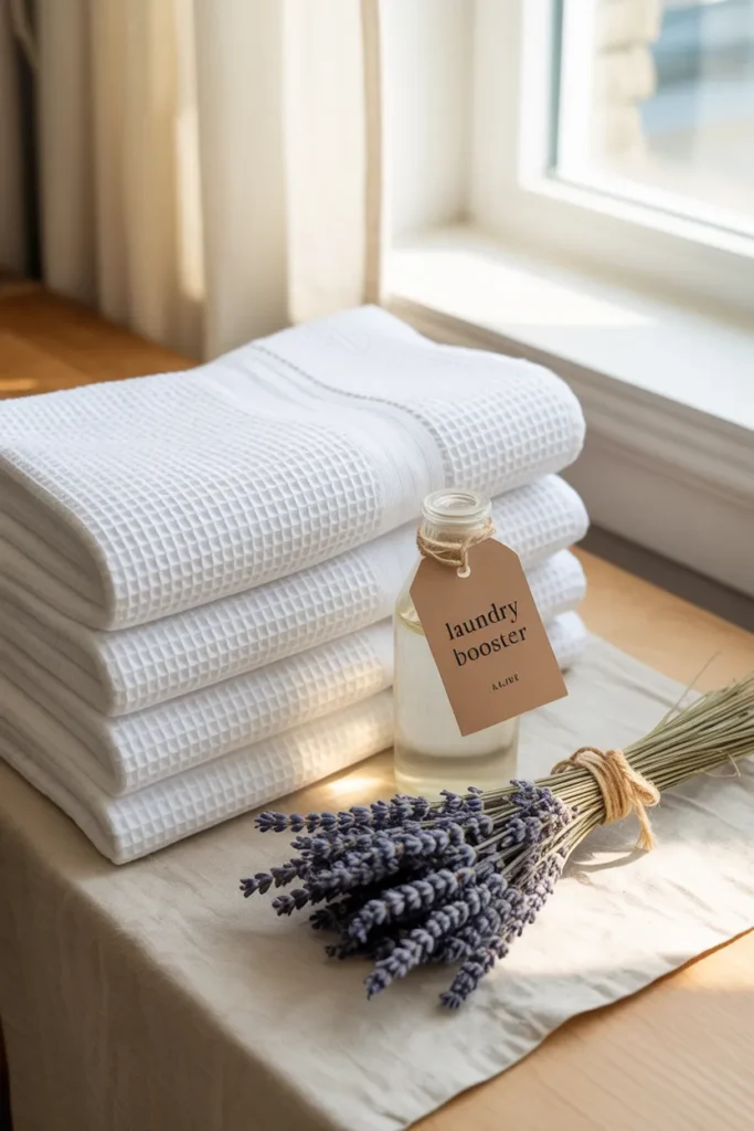 Stack of folded white towels with a homemade vinegar laundry booster bottle