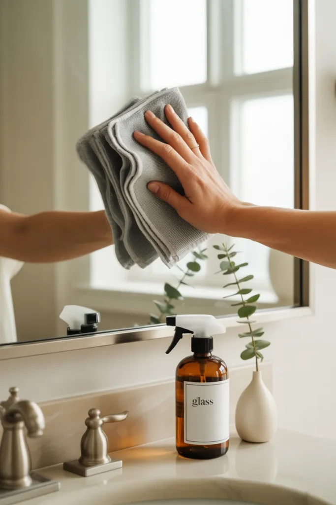 Streak-free glass cleaner being used on a bathroom mirror with a natural cleaning recipe