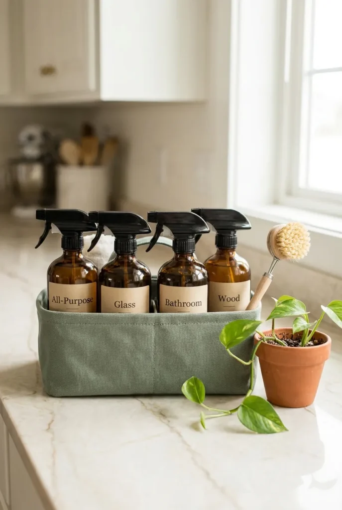 Styled cleaning caddy with amber bottles, kraft labels, and pothos cutting on marble counter