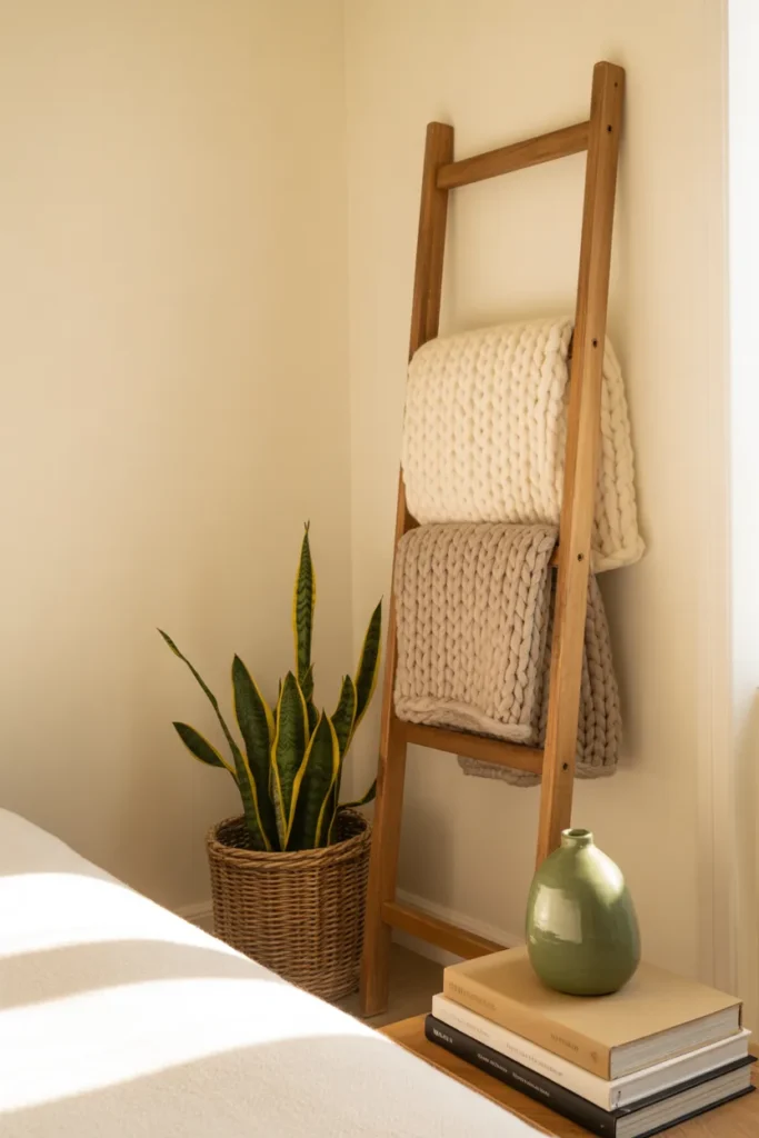 Tall ladder shelf with folded throws and plant showing wall storage hacks for small spaces