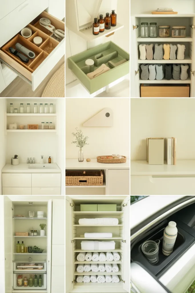 Ten home zones perfect for the 10-10 decluttering method including junk drawer pantry and linen closet