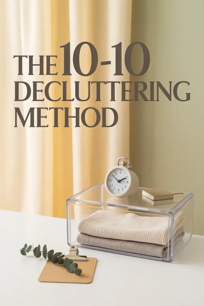 The 10-10 decluttering method Pinterest pin with timer clear bin and clipboard on cream background