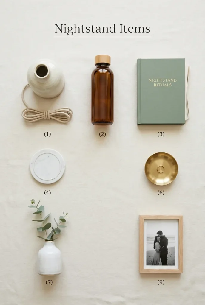The 7-item nightstand rule flat lay with lamp, water, book, charger, catchall, vase, and frame