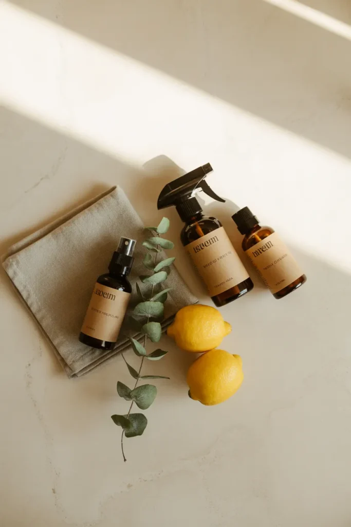 Three amber glass spray bottles with DIY natural cleaning recipes on a cream marble counter