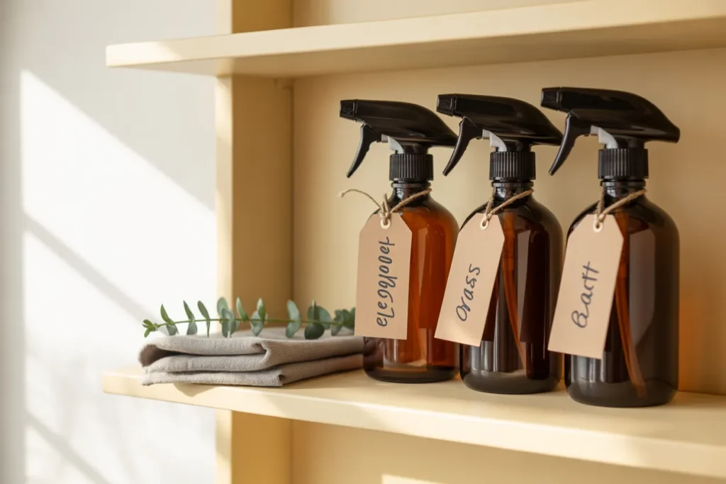Three labeled amber glass spray bottles with natural cleaning recipes on an open shelf