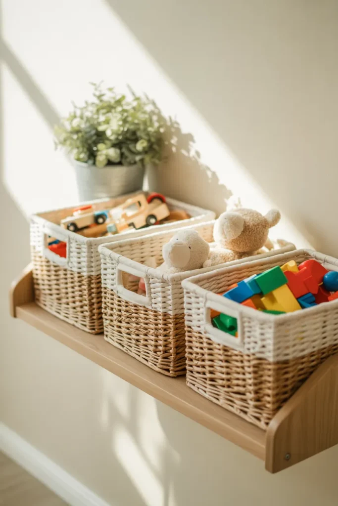 Three labeled open weave bins on a low oak shelf for kids room toy organization in a modern farmhouse style