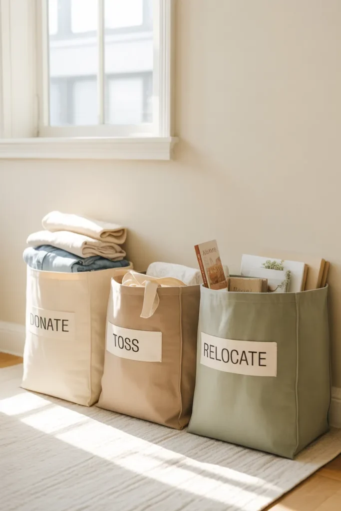 Three labeled tote bags for toss donate and relocate piles after a 10-10 decluttering session