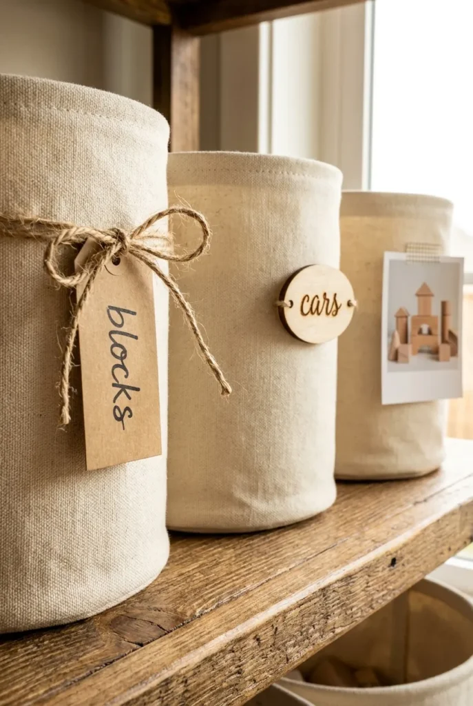 Three toy bin label styles including kraft tag, engraved wood, and photo label for toddlers