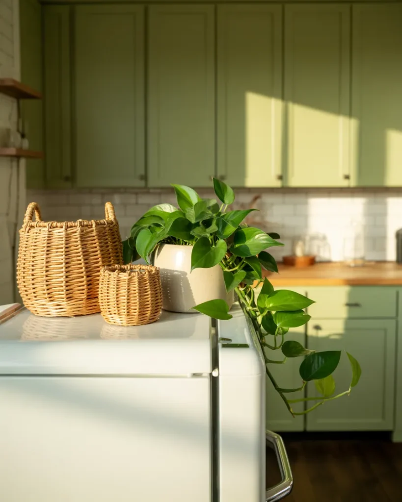Top of refrigerator styled with woven baskets and trailing pothos for hidden small kitchen storage.
