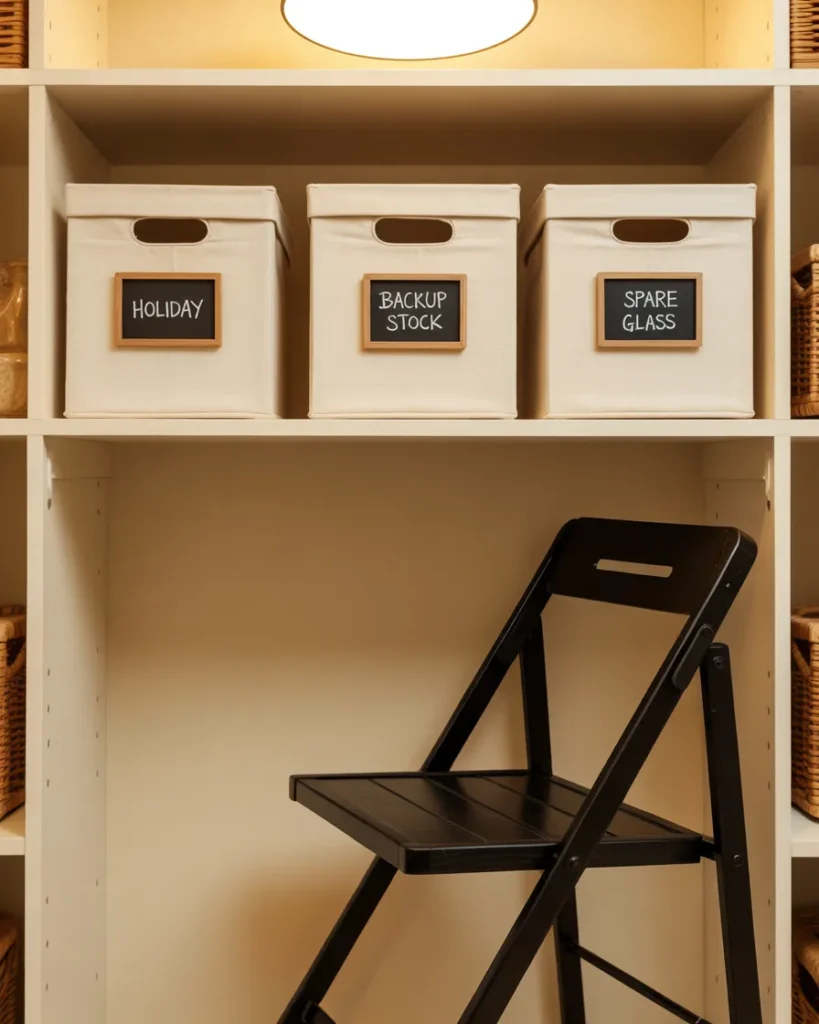 Top pantry shelf with labeled fabric storage boxes and a folding step stool tucked against the wall