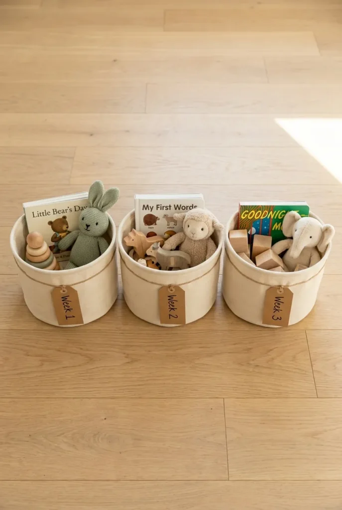 Toy rotation system with three labeled cream bins for weekly swap