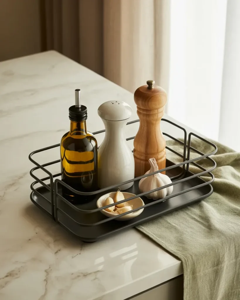 Two tier counter caddy keeping daily kitchen essentials off the counter in a small kitchen.