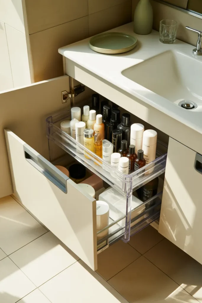 Two-tier sliding drawer system organizing skincare and hair products under bathroom sink