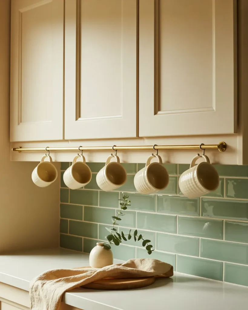 Under cabinet mug rail with matching stoneware mugs in a Modern Farmhouse small kitchen.