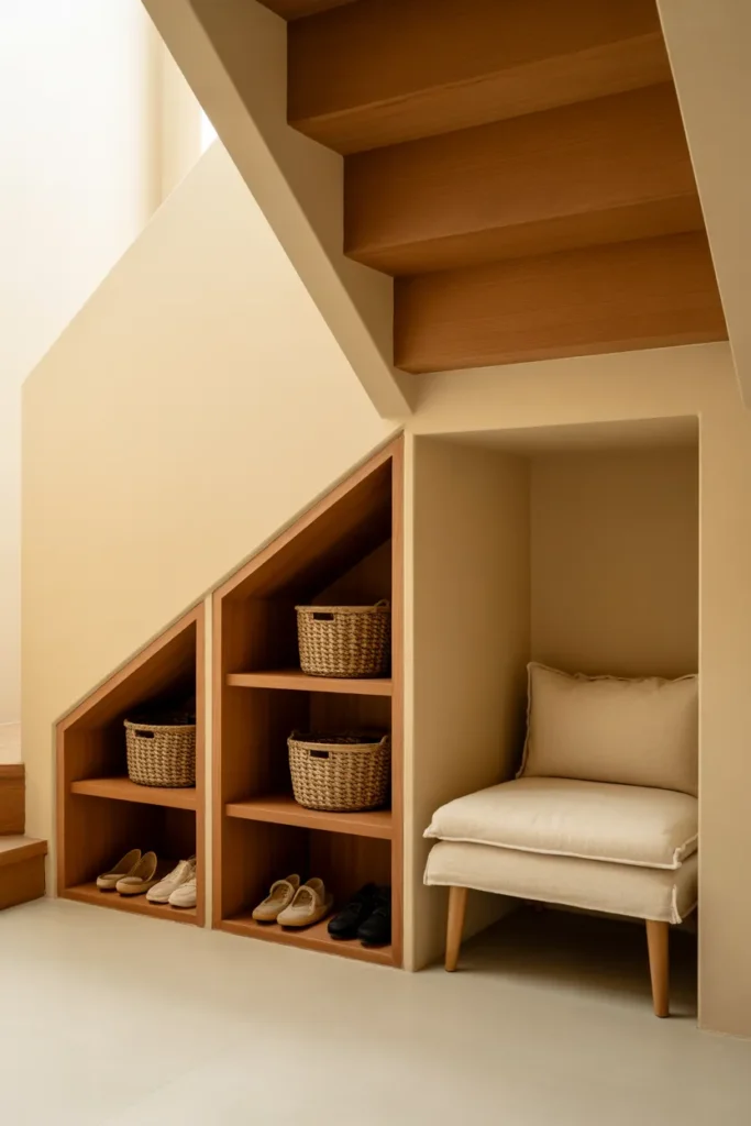 Under-stair shoe storage ideas with woven baskets and cream bench in Organic Modern home.