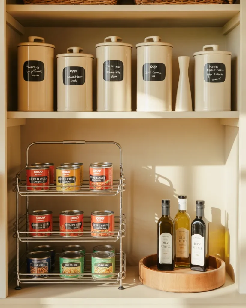 Walk in pantry eye-level shelf with decanted canisters, tiered risers, and a wood lazy susan