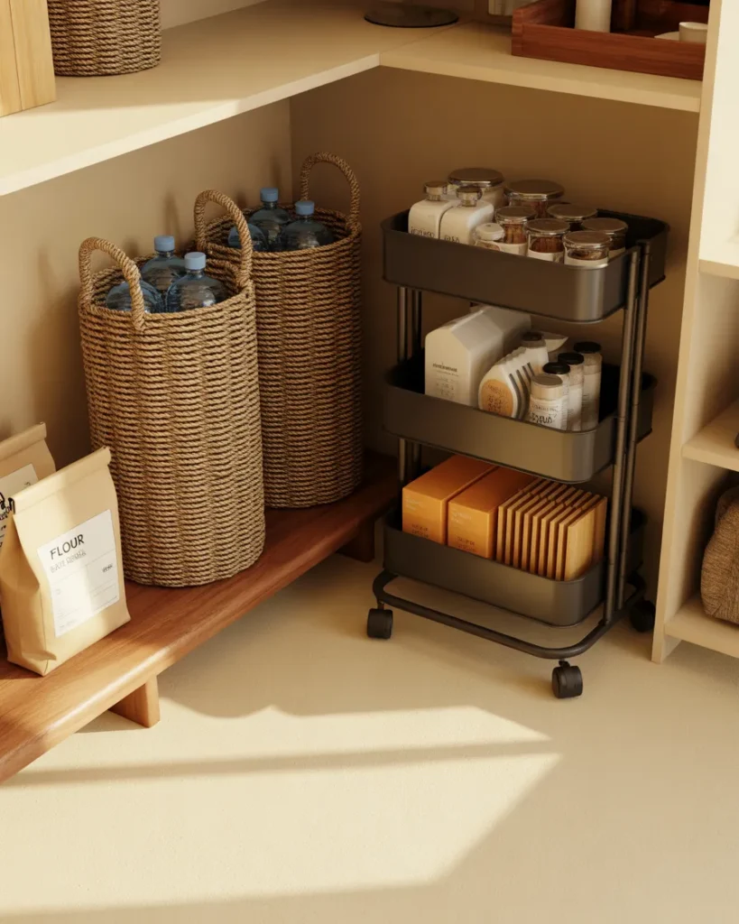 Walk in pantry floor with rolling cart, seagrass baskets, and wooden riser for bulk storage
