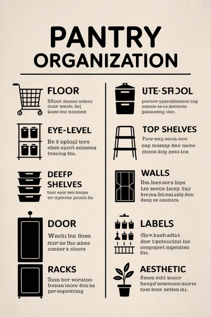 Walk in pantry organization cheat sheet showing 8 zones with hand-drawn icons