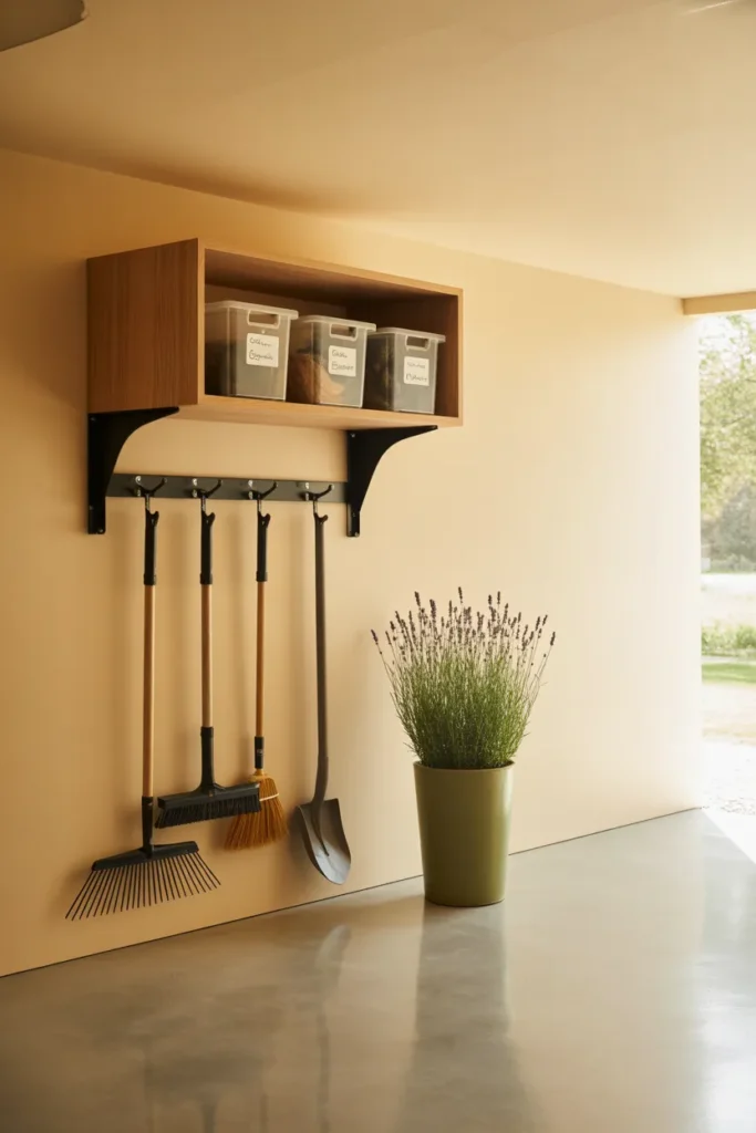 Wall-mounted garage tool storage system with rake broom shovel on cream pegboard wall