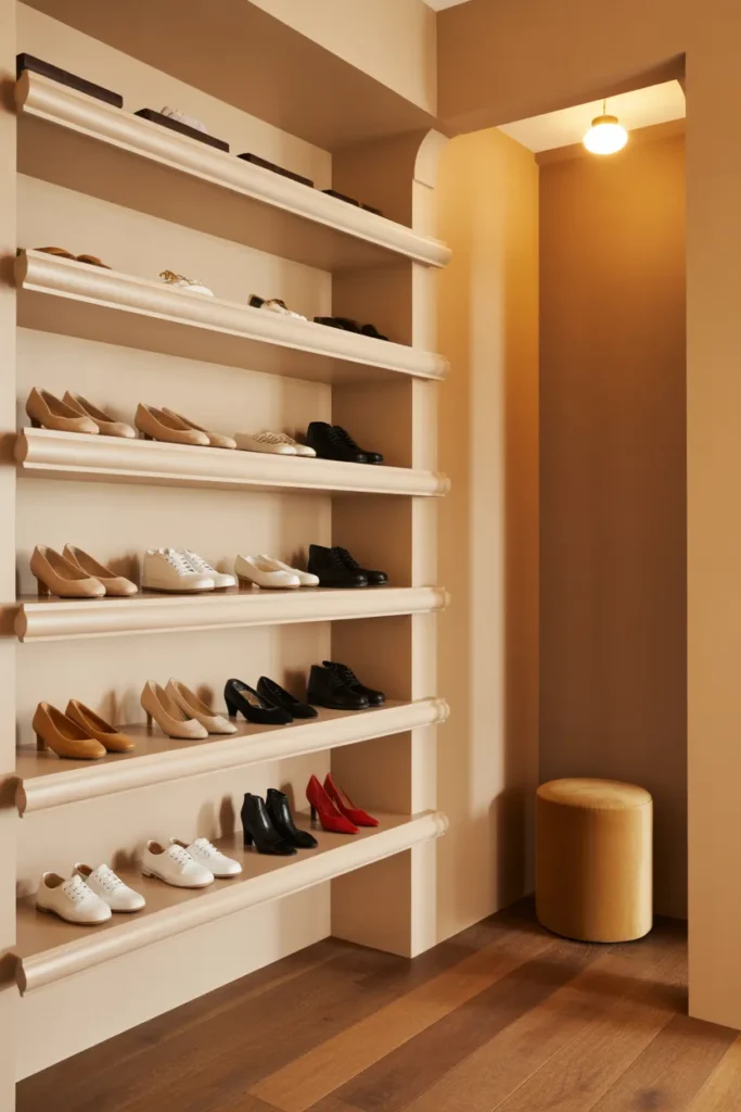 Wall-mounted shoe storage ideas with white picture ledges holding leather flats and sneakers.