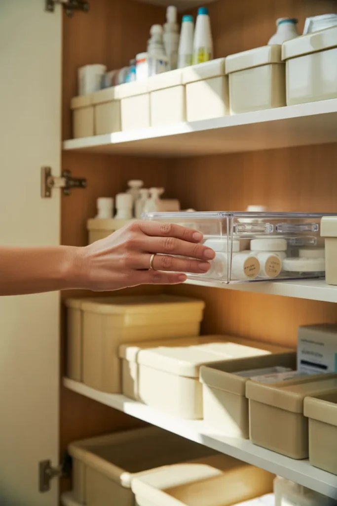 Weekly medicine cabinet maintenance with hand adjusting clear bin in organized bathroom cabinet