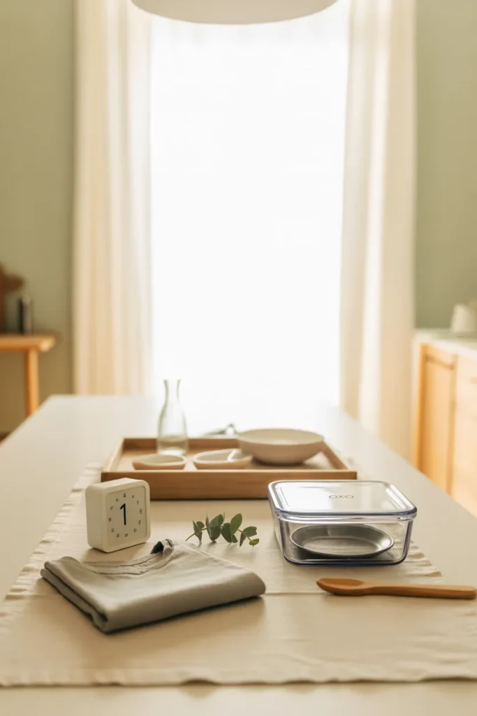 White kitchen timer set to 10 minutes beside a clear bin and folded clothes for the 10-10 decluttering method