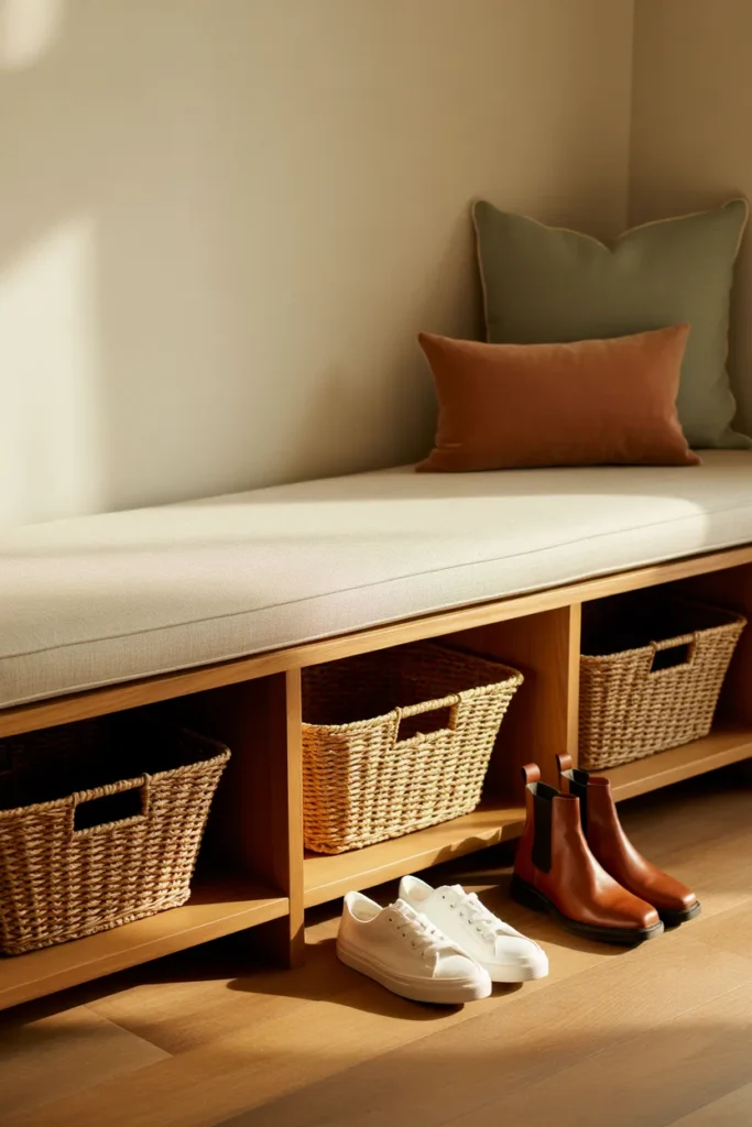 White oak entryway bench with woven seagrass baskets and shoe storage ideas under cushion seat.