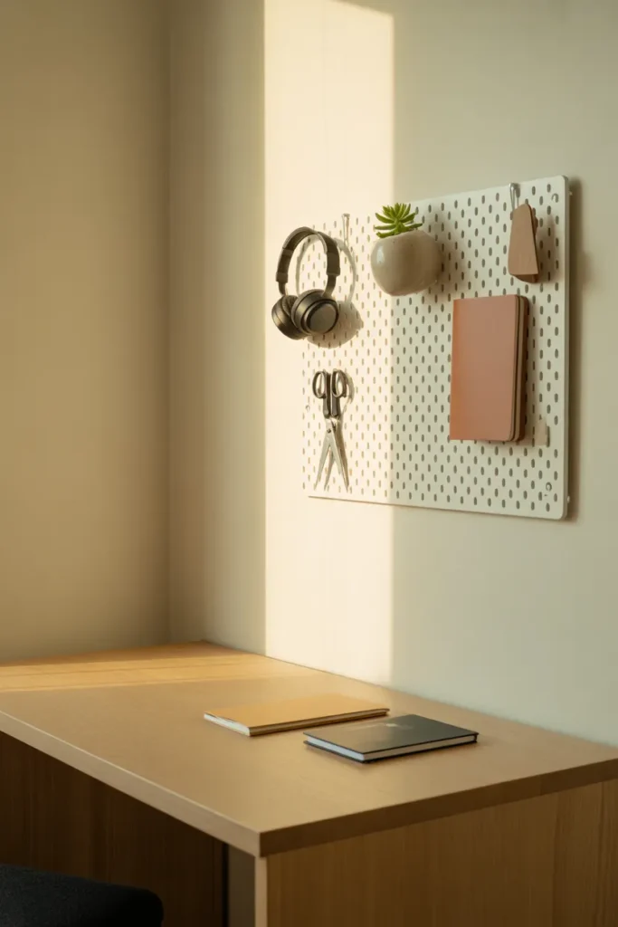 White wall pegboard above wood desk as vertical storage idea for small home office