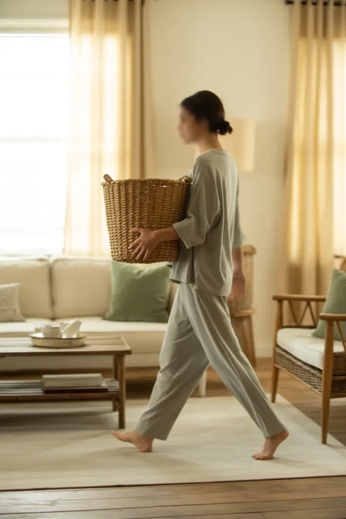 Woman carrying a woven basket through a cozy cream living room to tidy before cleaning.