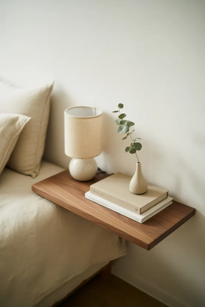 Wood floating shelf as nightstand alternative showing vertical storage ideas for small bedrooms